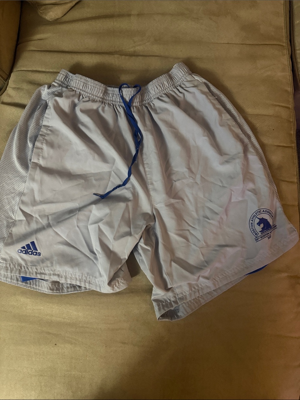 adidas Men's Light Gray Athletic Shorts with Blue Trim Boston Marathon